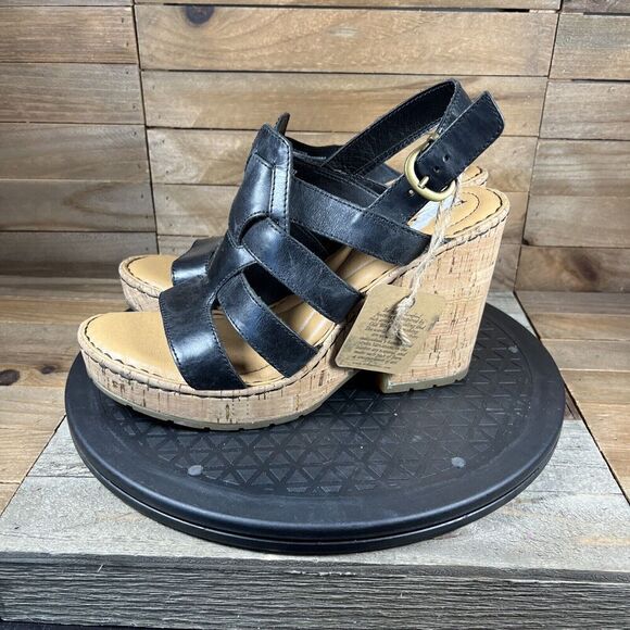 Born Womens Size 9M Lenore Leather Platform Wedge Sandal Black Shoes Open Toe - Picture 3 of 10